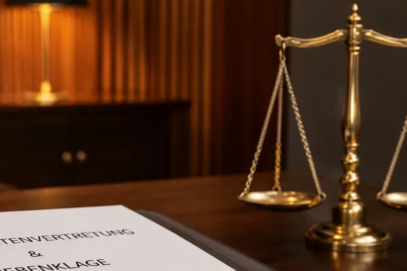 Dokumente und Waage der Justiz als Symbol für Geschädigtenvertretung und Nebenklage