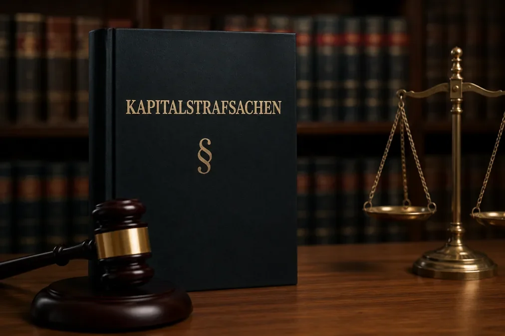 Richterhammer und Gesetzbuch als Symbol für Verteidigung in Kapitalstrafsachen